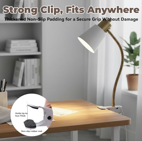 Desk lamp Eye-Caring Table Lamps, 360°Rotation Gooseneck Clip on Lamp Reading Light, Portable Reading Book Light, Clamp Light, Study Desk Lamps for Bedroom and Office Home Lighting (Black and White) - color: White and Gold