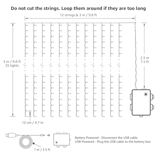 LE Fairy Curtain Lights Battery or USB Plug in, 9.8 x 9.8 ft Curtain of String Lights with Remote, 300 LED Indoor Outdoor Decorative Christmas Twinkle Lights for Bedroom, Patio, Party Wedding Backdrop | 10x10ft 300 LED Hanging Twinkle String Lights with R