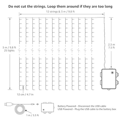 LE Fairy Curtain Lights Battery or USB Plug in, 9.8 x 9.8 ft Curtain of String Lights with Remote, 300 LED Indoor Outdoor Decorative Christmas Twinkle Lights for Bedroom, Patio, Party Wedding Backdrop | 10x10ft 300 LED Hanging Twinkle String Lights with R