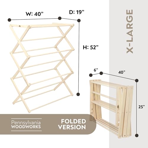 Premium American Maple Clothes Drying Rack - Handcrafted in Pennsylvania - Solid Wood Construction, Collapsible, Eco-Friendly Laundry Solution (X-Large) - color: X-large | Flat Top
