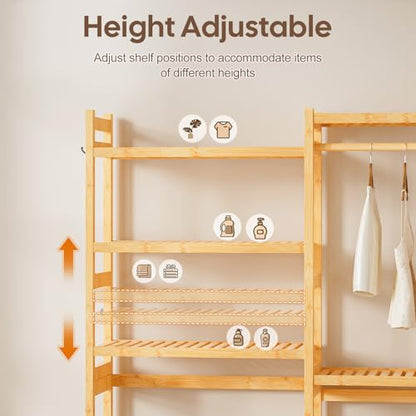 Cozivolife Over The Washer Dryer Storage Shelf: Bamboo 5 Tiers (Natural) | Laundry Room Drying Rack with Adjustable Shelves and 4 Hooks - Space Saver Organizer for Hanging Clothes and Towels - color: Natural