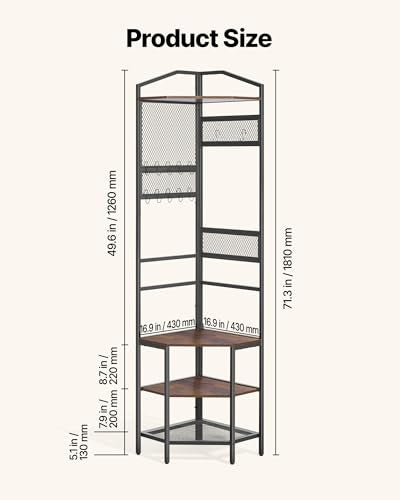 VEVOR Corner Hall Tree, 71.3 in Coat Rack with Hooks, Top Shelf & Steel Frame, Freestanding Clothes Shoes Rack Storage Organizer with Anti-Tip Set, Adjustable Non-Slip Feet for Entrance Closet Office - size: 16.9 X 16.9 X 71.3 in