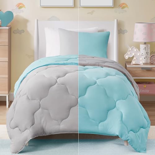 Comfort Spaces Vixie Reversible Comforter Set - Trendy Casual Geometric Quilted Cover, All Season Down Alternative Cozy Bedding, Matching Sham, Aqua/Gray, Twin/Twin XL 2 piece | Down Alternative, All Season, Bedding for Bedroom, Geometric Pattern, Reversi