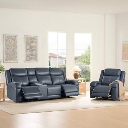 Watson & Whitely Wall Hugger Power Reclining Sofa with Console, Navy Blue | Genuine Leather Recliner Sofa, Power Headrests, Center Storage Console, Cup Holders, 3-Seater Couch, Living Room & RV - color: Navy Blue, style: 3 Seater Sofa (with console)