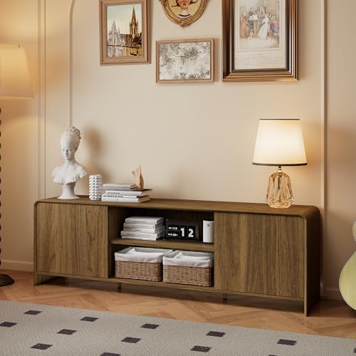 Bevfint Modern TV Stand for 80 Inch TVs, Rustic Entertainment Center for Cozy Home Theater & Holiday Gatherings, Dark Oak Media Console Cabinet with Storage & Arc Design - Walnut Grain - color: Walnut Grain
