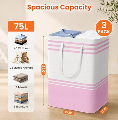 TranquilRelax 3-Pack Laundry Basket, Laundry Hamper, Pink-75L | Freestanding＆Water-Resistant Laundry Hamper, Collapsible Tall Clothes Hamper with Carry Handles for Clothes, Laundry Basket - color: Pink, size: 75L
