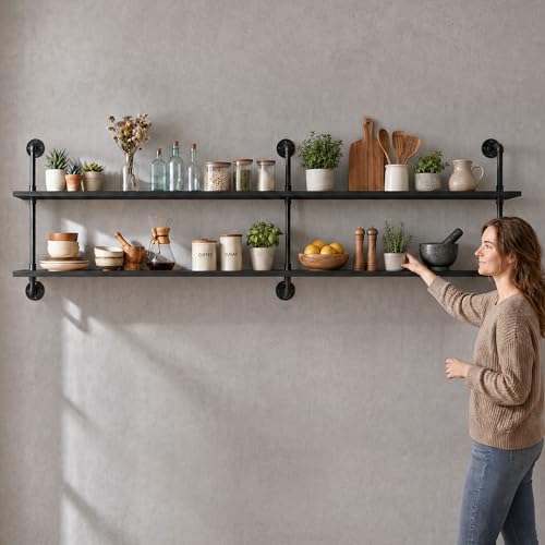 HDDFER Floating Shelves Wall Bookshelf Industrial Pipe Shelving Shelves Real Wood Planks 70 inch Rustic Wall Shelves Hanging Bookshelves Farmhouse Kitchen Bar Shelving - color: Black, size: 2Tier70in