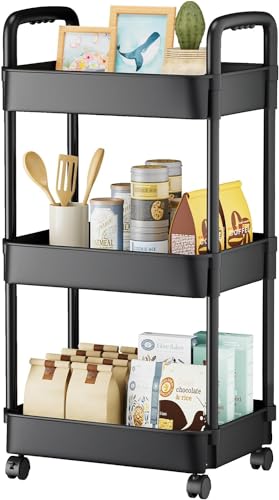 EZ COZY 3 Tier Rolling Cart, Plastic Diaper Cart Organizer with Wheels, Roller Cart for Diapers, Baby Nursery, Kitchen, Bathroom, Living Room and Bedside, Black - color: Black