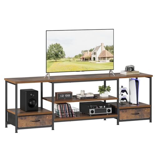 DUMOS 63" TV Stand with Fabric Drawers for 65 70 75 Inches TV | Entertainment Center and Industrial TV Console Table with Open Storage Shelves for Living Room, Bedroom, Rustic Brown - size: 63.0 Inch