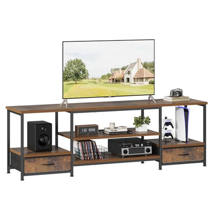 DUMOS 63" TV Stand with Fabric Drawers for 65 70 75 Inches TV | Entertainment Center and Industrial TV Console Table with Open Storage Shelves for Living Room, Bedroom, Rustic Brown - size: 63.0 Inch
