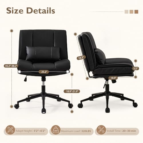 Armless Criss Cross Office Chair with Wheels,PU Leather Black | 5.5" Double Layers Thickened Seat Cushion and Backrest,Lumbar Pillow,Swivel Chair,Wide Comfortable Cross Legged,320LBS - color: Black
