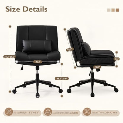 Armless Criss Cross Office Chair with Wheels,PU Leather Black | 5.5" Double Layers Thickened Seat Cushion and Backrest,Lumbar Pillow,Swivel Chair,Wide Comfortable Cross Legged,320LBS - color: Black