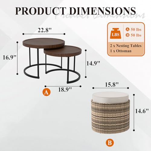 Cabana Chic Nesting Tables with Ottomans, Outdoor Round Side Table, Nesting Coffee Table Set, 2 Tables 1 Ottoman, Brown/Beige - color: Brown/Beige