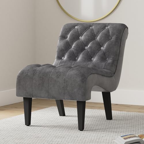 Comfy Velvet Accent Chair Set of 2, Tufted Armless Chair with Rolled Edge | Modern Small Lounger for Living Room, Upholstered Reading Chaise Lounge with Solid Rubber Wood Legs, Silver - color: Silver, size: Set of 2