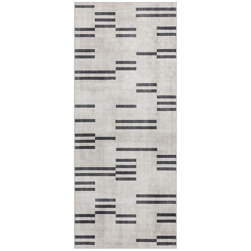 Machine Washable Area Rug Runner - Living Room Bedroom Bathroom Kitchen Entryway Office -Non-Slip Baking Low Pile Stain Resistant Premium - Modern Geometric Loki-Beige & Black 2'6" x 6' - color: Loki - Beige Black, size: 2'6" x 6' (Rectangular)