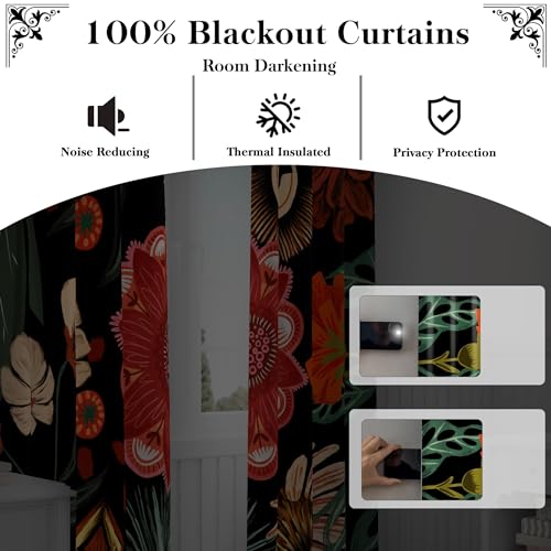 Tyrot Black Floral Grommet Blackout Curtains, 42W x 63L, 2 Panels | Colorful Botanical, Thermal Insulated, Heat Blocking, Light Blocking Privacy, Drapes for Bedroom and Living Room, Heavyweight - color: Crimson Shadow, size: 42"W x 63"L (Pack of 2)