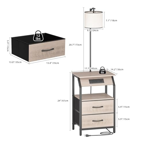 End Table with Floor Lamp, Nightstand with Charging Station, Floor Lamp Table with 3-Color Temperature Bulb, Bedside Table Night Stand with 2 Drawers for Bedroom, Living Room, Greige - color: Greige 2 Drawers