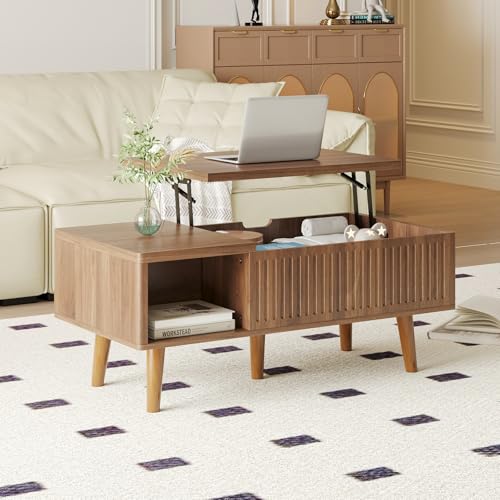 Coffee Table with Lifting Top,Wooden Fluted Coffee Table with Hidden Storage Space,2 Open Storage Compartments,Solid Wood Legs,Suitable for Living Room,Apartment,Office. (C-Lift Coffee Table-Walnut) - color: C-lift Coffee Table-walnut