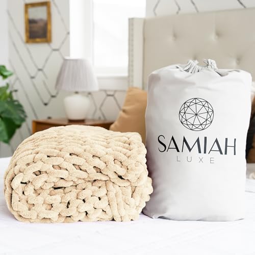 SAMIAH LUXE Chunky Knit Throw Blanket 50x70, Buttercream Cream Chenille Throw Blanket for Couch Bed Sofa, Soft Fluffy Cable Knit Blanket, Oeko-TEX Certified, Machine Washable - color: Buttercream, size: 50x70in