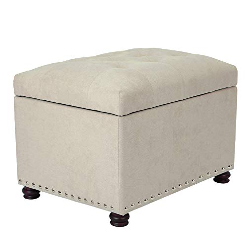 Adeco Classy Cotton Mix Fabric Accents Rectangular Storage Bench Footstool Ottomans & Storage Ottomans, White - color: White Fabric