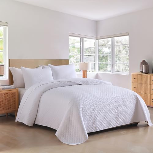 Wistown Cotton Queen Bedpread Quilt Bedding Set, White | 3 Pieces Reversible Lightweight Soft Coverlets Comforters, All Seasons, Diamond Stitching Pattern - color: White Diamond Pattern, size: Queen (90 by 98inch)