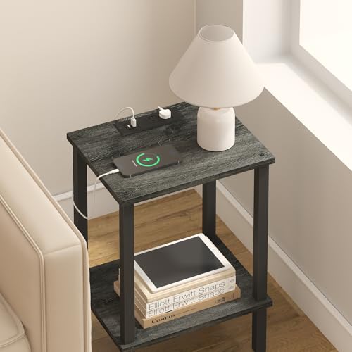 TUTOTAK End Table with Charging Station, Side Table Set of 2, Nightstand | 2-Tier Storage Shelf, Bedside Table with USB Ports, Sofa Table for Small Space, Livingroom, Bedroom Charcoal Grey TB01BY041 - color: Charcoal Grey