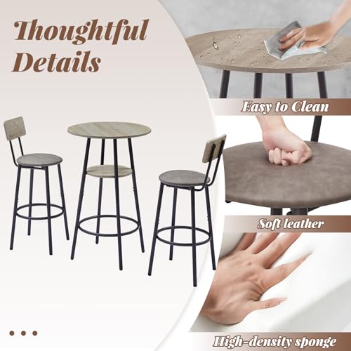 23.6” Diameter Round Bar Table Set for 2 with Storage Shelf, Counter Height Pub Table and Chairs, Small Round Kitchen Table with Backrest Stools for Small Spaces, Breakfast Nook Dining Table - color: Grey, style: Round w/ Upholstered Stool
