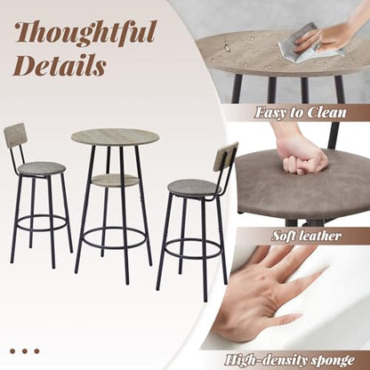23.6” Diameter Round Bar Table Set for 2 with Storage Shelf, Counter Height Pub Table and Chairs, Small Round Kitchen Table with Backrest Stools for Small Spaces, Breakfast Nook Dining Table - color: Grey, style: Round w/ Upholstered Stool