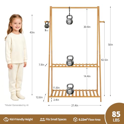 Kids Clothing Rack Small Baby Clothes Racks Bamboo Garment Rack 50"H | Wooden Short Mini Dress Up Costume Rack with Shelves for Hanging Clothes, Nursey Toddler Shower Children Clothes Hanger Rack - size: 2-Tier,50" Tall