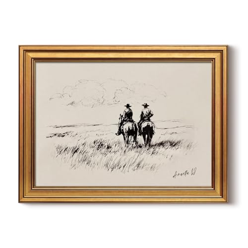 HUARCEY Vintage Gold Framed Western Cowboy Canvas Wall Art Decor 12"X16" | Antique Western Horseback Landscape Sketch Painting Rustic Farmhouse Ranch Equestrian Artwork Print For Living Room Office - color: Cowboys on an Adventure, size: 16"L x 12"W
