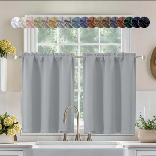 Aiyufeng Silver Grey Short 36 Inches Blackout Curtain 2 Panels Set, Half Window Rod Pocket Privacy Curtain Tiers for Kitchen, Curtains Blackout for Bathroom Shades, W40 x L36 Inch, Silver Grey - color: Silver, size: 40"W x 36"L (Pack of 2)