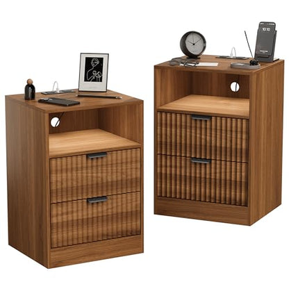 LED Nightstand with Charging Station, Fluted Nightstand Set of 2, Wood Nightstands with 2 Drawers & Metal Handles, Modern Bedside Table & End Tables, Farmhouse Night Stands for Bedroom, Walnut - color: Walnut, style: LED 2 Drawers-2 PCS