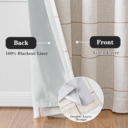 MYSKY HOME 100% Blackout Plaid Linen Farmhouse Curtains 72 Inch Length 2 Panels Set Double Layer Thermal Insulated Black Out Checkered Patterned Window Treatment, 2 Pcs, 52" Wide Each Panel, Brown - color: Brown, size: 52"W x 72"L (Pack of 2)