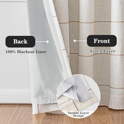MYSKY HOME 100% Blackout Plaid Linen Farmhouse Curtains 72 Inch Length 2 Panels Set Double Layer Thermal Insulated Black Out Checkered Patterned Window Treatment, 2 Pcs, 52" Wide Each Panel, Brown - color: Brown, size: 52"W x 72"L (Pack of 2)