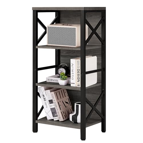 MNEETRUNG Small Bookshelf,4 Tier Industrial Bookcase with Metal Frame and Backboard,Narrow Rustic Gery Book Shelf,Book case for Small Spaces,Living Room,Bedroom and Home Office - color: Grey, size: 4-Tier (15.7"W x 11"D x 39.5"H)