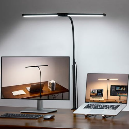 LED Desk Lamp for Home Office, Double Head Desk Light with Clamp | 3 Modes 10 Brightness, Long Flexible Goose-Neck, Eye-Caring, Memory Function, Energy Efficient, USB Adapter, Metal, Black - color: Black Pro