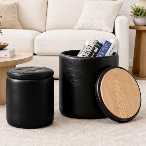 oakvivo Round Ottoman with Storage Set of 2, 12.6" W x 14.17" H & 14.76" W x 17.32" H Faux Footstool Storage Ottomans for Bedroom, Living Room Padded Coffee Table Ottomen, Black - color: Black