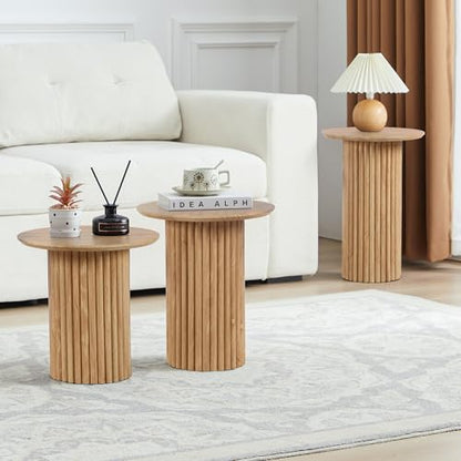 Bifins Natural Round Nesting Coffee Table Set of 3 for Living Room | Coffee and End Table Set,Fluted,Nesting Side Table,Drink Table,End Table,Plant Stand,Oak,Mid Century Modern,Nested - color: Natural