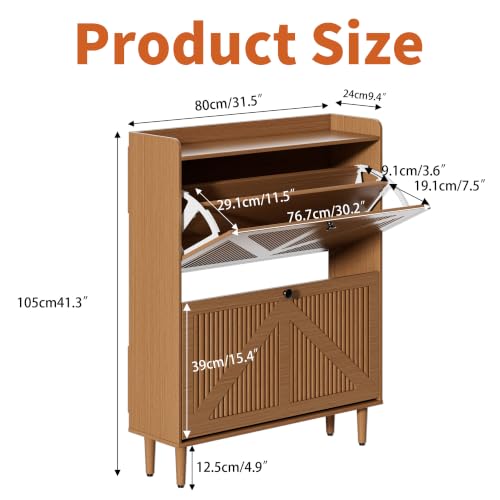 Narrow Shoe Storage Cabinet with 2 Flip Drawers for Entryway (Walnut) | Adjustable & Removable Shelves, Slim Shoe Organizer Cabinet, for Hallway, Foyer, Entrance, Freestanding, Hidden, Thin, Fluted - color: Walnut