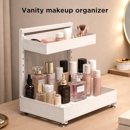 Under Sink Organizer Bathroom Kitchen: 2 Pack 2 Tier Metal Under Cabinet Storage with Height-adjustable Shelf and Pull out Rack for Pantry Vanity Cupboard Counter Countertop, White