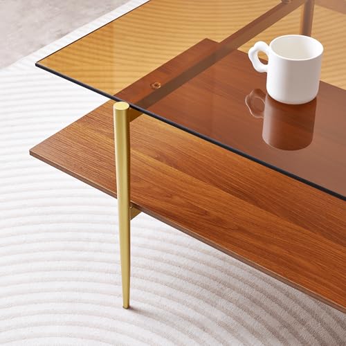 LumFurn X-Large L47in Rectangle Glass Coffee Table, Mid-Century Modern Design for Living Room, L47xW24xH17inch, Amber Glass and Walnut MDF Wood Shelf, Conical Legs with Gold Finish - color: L47" Amber & Walnut