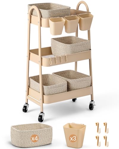 3-Tier Rolling Utility Cart with 4 Woven Baskets, Diaper Book Snack Cart, Storage Organizer for Nursery, Kitchen, Craft Room, Home SPA, Living Room, Metal Frame Trolley on Lockable Wheels, Brown - color: Brown