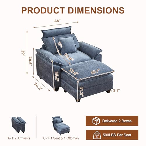 46'' Oversized Chaise Lounge with Ottoman, Cloud Deep Seat Accent Sofa Chair with Detachable Headrest, Double Thicked Cushion Lounge Armchair for Living Room, Bedroom, Blue - color: Blue, size: Chaise Lounge Chair