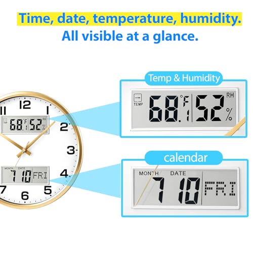 13" Gold Battery Powered Silent Wall Clock | Calendar, Temperature, Humidity, J-3728 - color: Gold