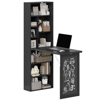 HOMCOM Foldable Convertible Writing Table Computer Desk, Black | Wall Mounted, Space-Saving, Chalkboard, Storage Shelves, for Small Spaces, Home Office, Bedroom, Dorm, Apartment - color: Black