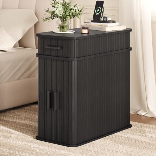 Side End Table with Charging Station, Slim Nightstand with Drawer, Mid-Century Wood Skinny Bedside Table with Storage, Narrow Side Tables for Small Space Living Room Bedroom Office Sofa Couch Black - color: Black