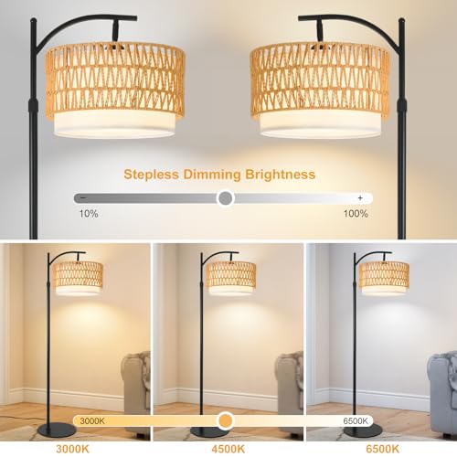Rustic Black Farmhouse Floor Lamp with Woven Rattan Shade - 12W LED, Remote & Dimmable 3-Color Temp, Tall Standing Lamp for Living Room - color: Rustic Black Floor Lamp