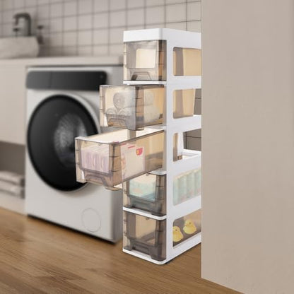 5 Drawers Storage Cabinet, Bathroom Narrow Slim Tower with Drawer & Wheels, Freestanding PP Organizer for Small Spaces, Vertical Storage for Toiletries Towels, White