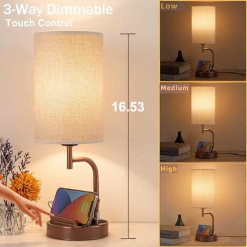 Dreamholder Touch Control USB Table Lamp with USB C/A & AC Outlet, 3-Way Dimmable Bedside Lamp, Modern Nightstand Lamps for Bedroom Living Room Guest Room Office, Bulb Included, Brown - color: Brown