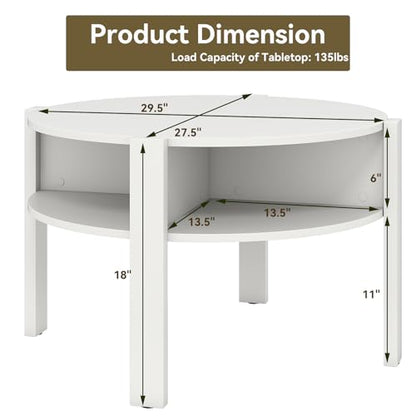 GIANTEX Round Coffee Table, Mid Century Modern Center Table (White) | 2-Tier Storage Shelves & 4 Side Compartments, Wood Coffee Table for Living Room, Small Spaces - color: White